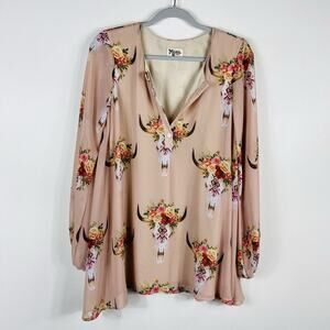 Show Me Your Mumu Size Small Long Sleeve Bull Head Skull Print Jamie Tunic Top